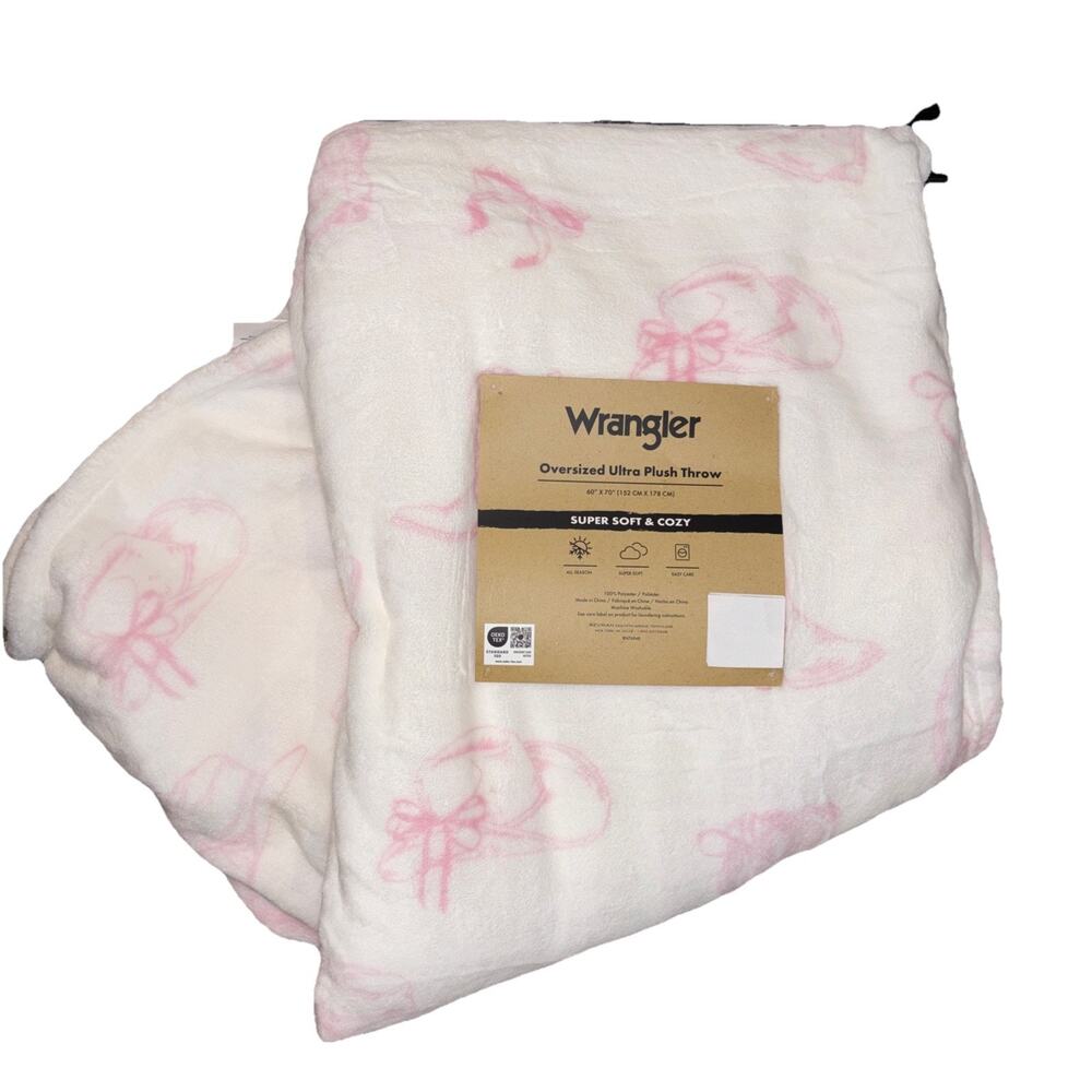 Wrangler Light Pink Bow Cowgirl Hat & Boots Soft Plush Throw Blanket Cowboy NEW